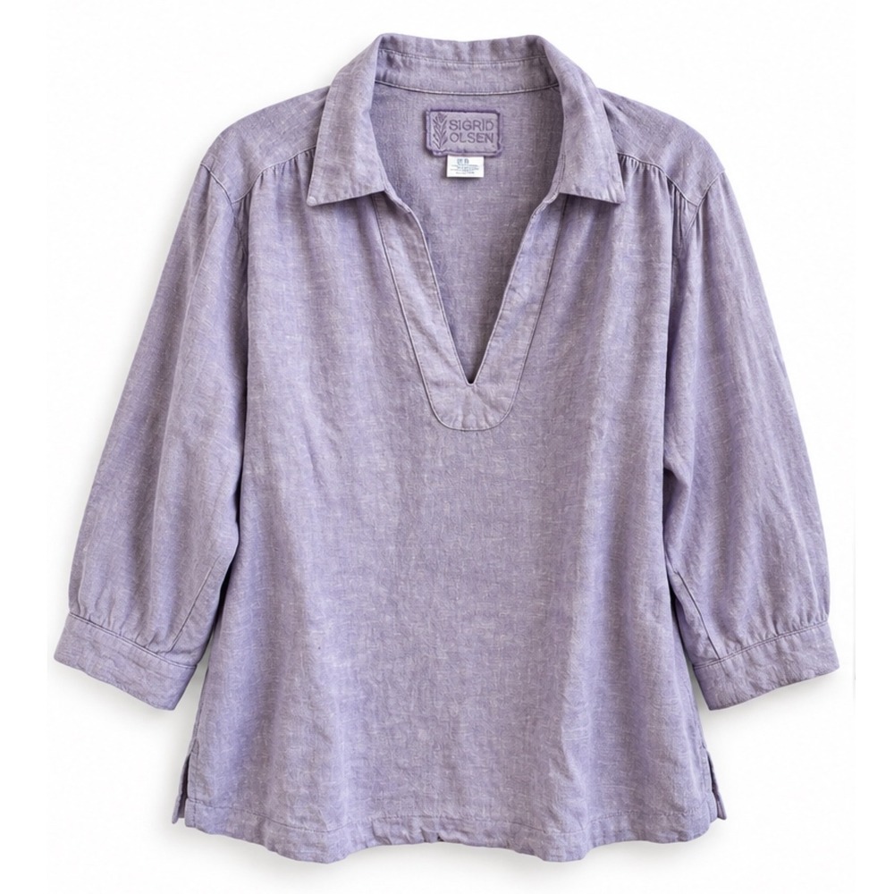 Sigrid Olsen Women 2X Purple Linen Tunic Top V-Neck 3/4 Sleeve Popover Blouse